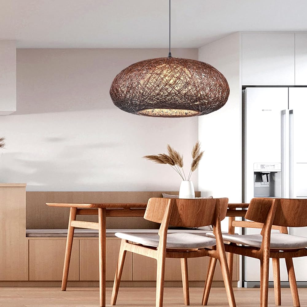 Arturesthome Round Rattan Pendant Lights, Boho Wicker Chandelier Basket Lighting Fixture, Large Natural Woven Hanging Lamp for Kitchen Island Coffee