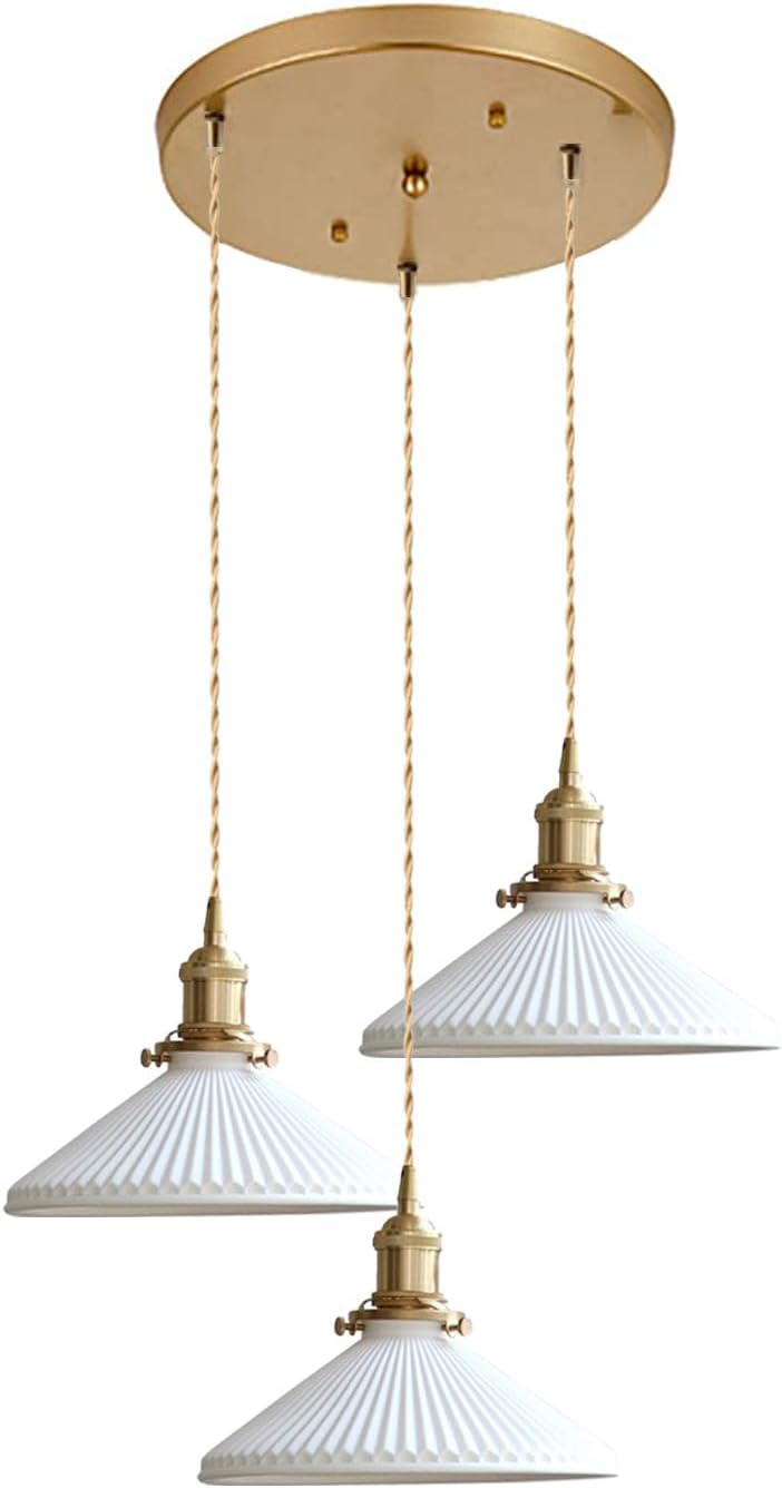 E26 Modern Cluster Pendant Lighting, Set 3-Light, Minimalist Pleated Ceramic Pendant Light, Kitchen Island Bedroom Dining Room Bar Pendant Light, White Pendant Light Fixture (3-Light)