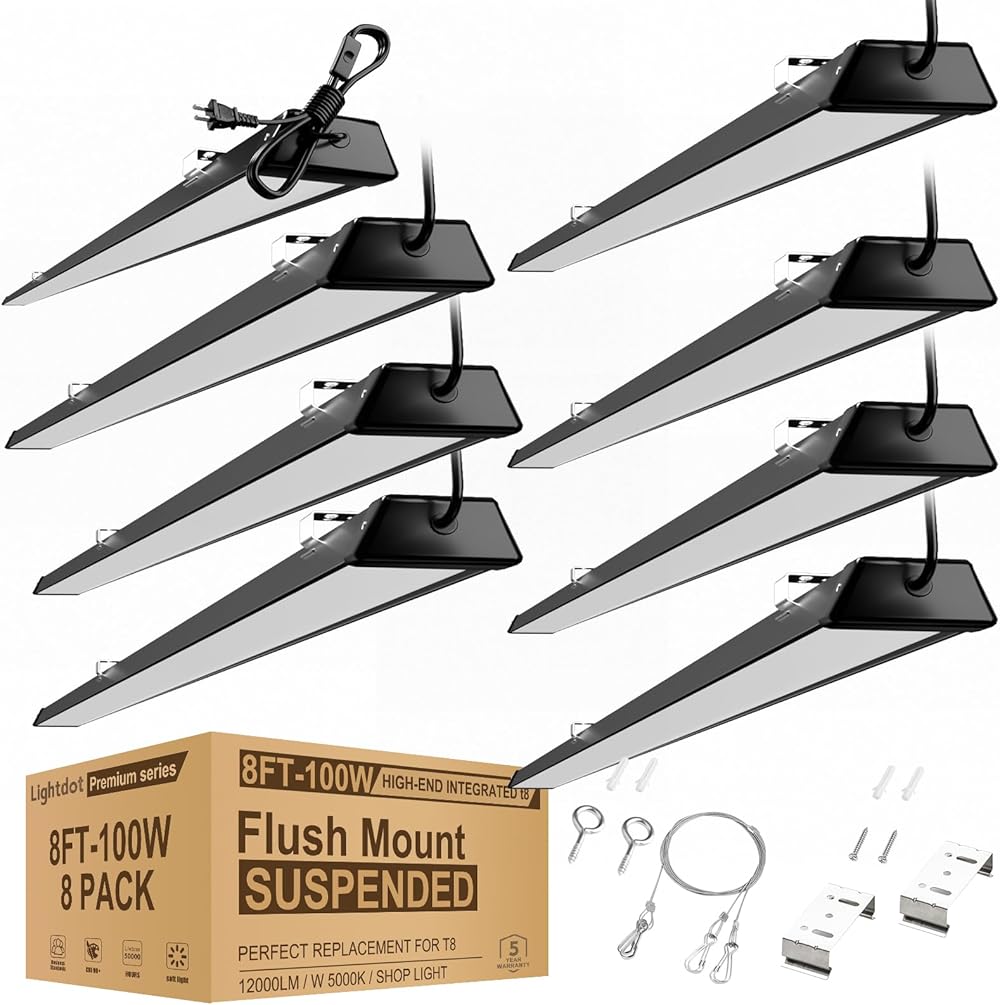Compact Black 8FT LED Shop Light, 100W[Eqv. to 400W HPS/WH] LED Shop Light 8FT with 5FT Cord Switch Surface/Suspension Mount Commercial Lighting for Workshop Energy-Saving up to 3650W/5Y(5hrs/Day) 8P