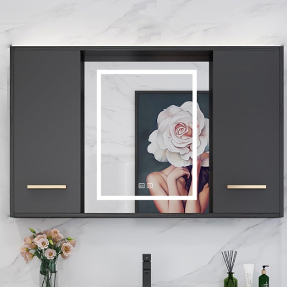 Lighted medicine cabinets for bathroom with Sliding mirror door,lighted medicine cabinet with defogger,Solid wood smart led mirror medicine cabinet,bathroom vanity mirror with storage,touch control(Si