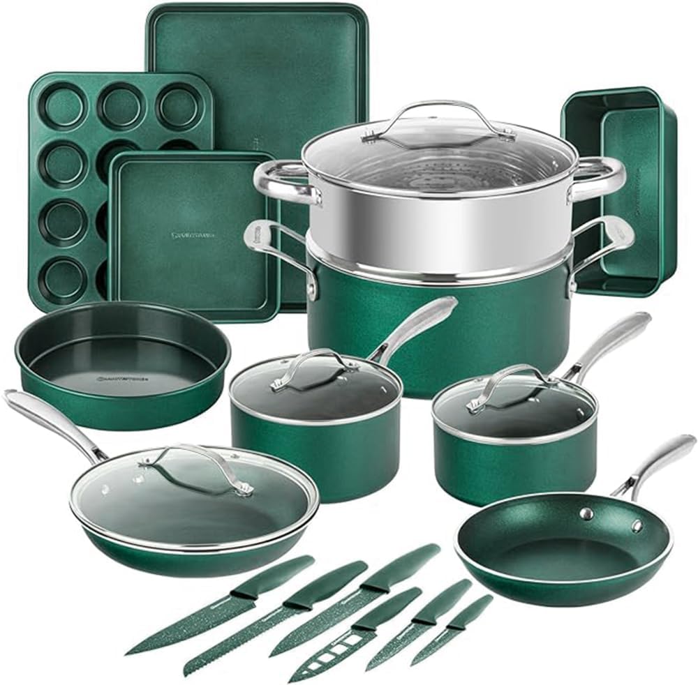 Granitestone 21 Pc Kitchen Pots and Pans Set Non Stick, Kitchen Cookware Sets, Pot and Pan Set, Nonstick Cookware Set, Diamond Coated Non Stick Pots and Pan Set, Dishwasher Safe - Green…