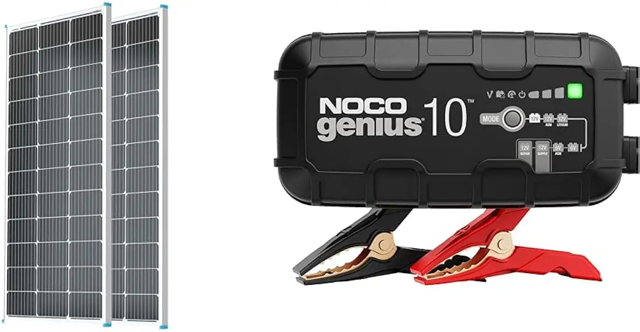 Renogy 2PCS 100 Watt 12 Volt Solar Panels and NOCO GENIUS10 10A Smart Car Battery Charger 6V 12V Bundle