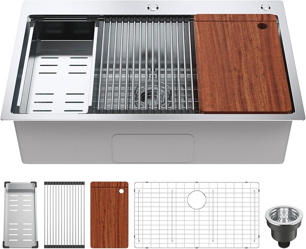 VEVOR Kitchen Sink, 304 Stainless Steel Drop-In Sinks, Top Mount Single Bowl Basin with Ledge and Accessories, Household Dishwasher Sinks for Workstation, RV, Prep Kitchen, and Bar Sink, 33 inch