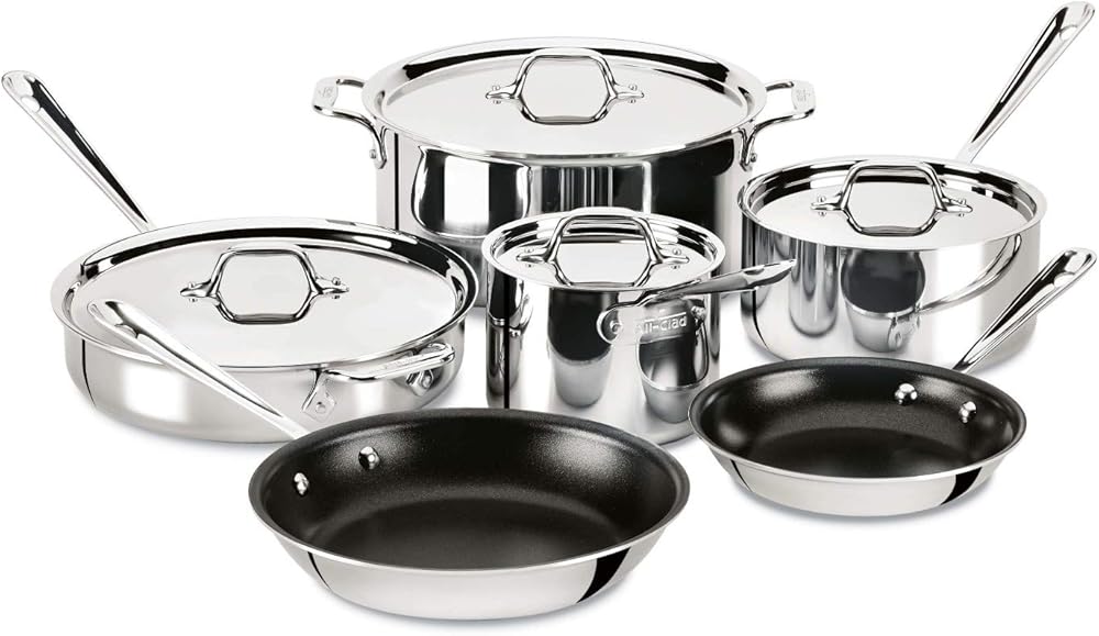 All-Clad D3 3-Ply Stainless Steel Nonstick Cookware Set 10 Piece Induction Oven Broiler Safe 600F Pots and Pans Silver