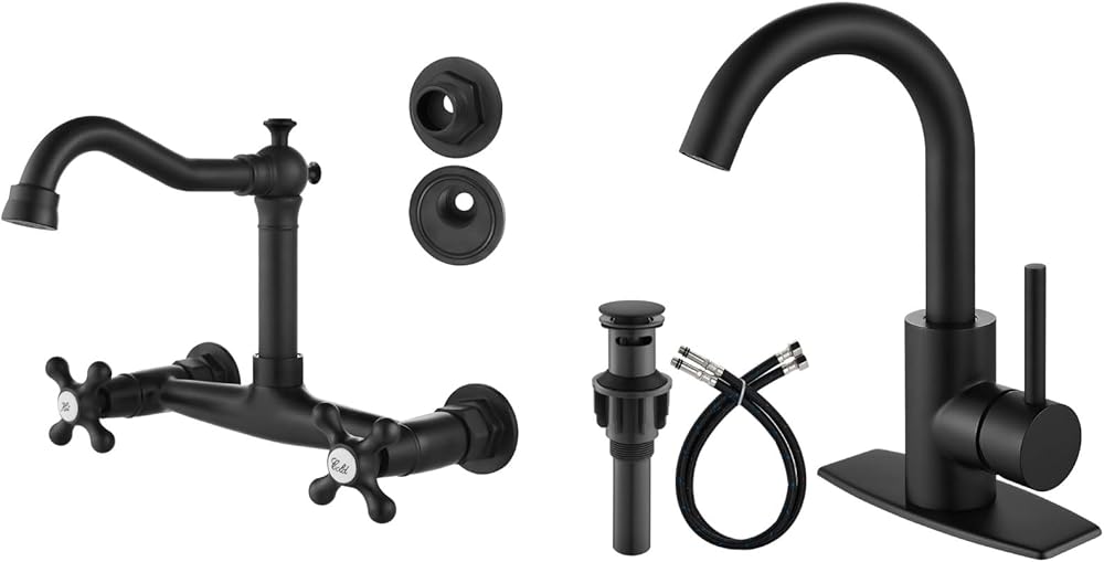 Airuida Matte Black Wall Mounted 8 Inches Center Kitchen Sink Faucet Commercial Wall Mount Kitchen Faucet Bar Sink Faucet Single Hole