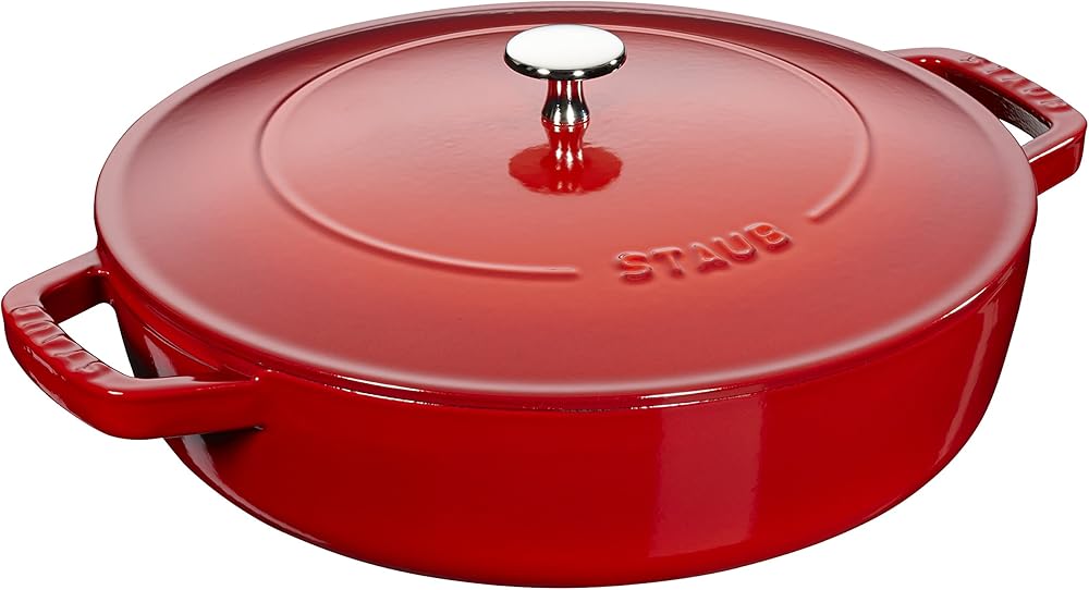 Staub 40511-475 Braiser Saute Pan, Cherry, 9.4 inches (24 cm), Double Handed, Cast Enameled Pot, Shallow Type, Sukiyaki, Induction Compatible, Made in Japan