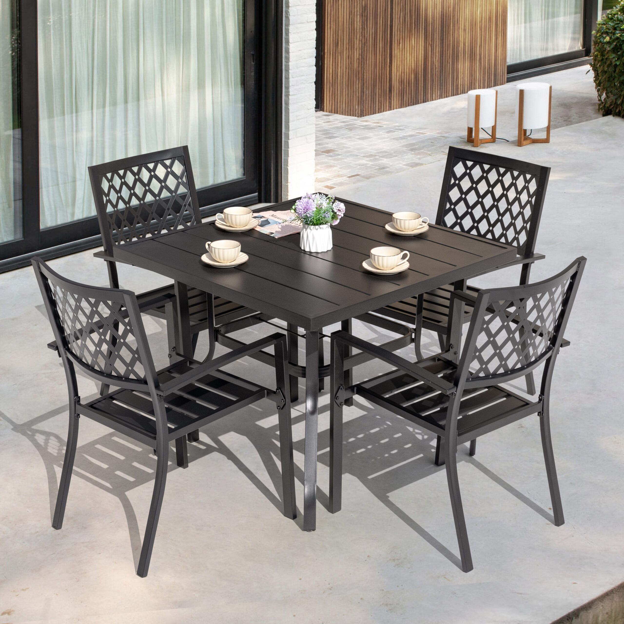 Nuu Garden Black Iron 5-Piece Patio Dining Set with Square Table and Stackable Chairs