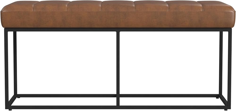 HomePop Theodore Decorative Bench with Metal Base, Brown PU Leather