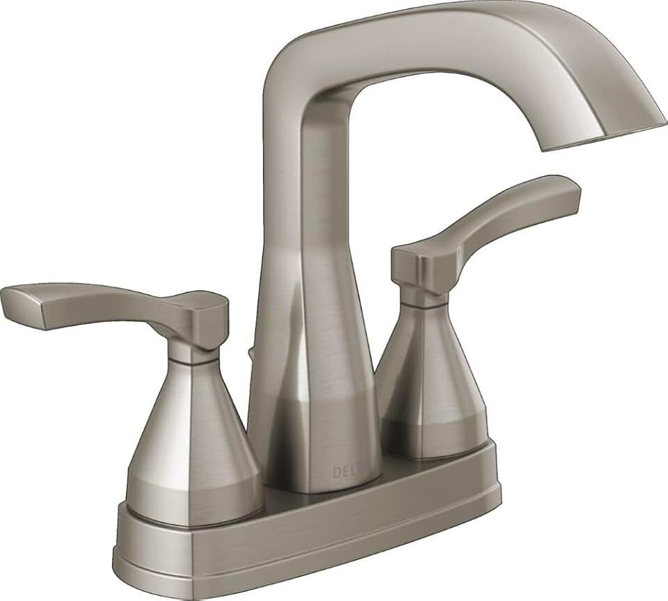 Delta Faucet Stryke Centerset Bathroom Faucet, Brushed Nickel Centerset Bathroom Faucet, Delta Bathroom Sink Faucet, Metal Drain Assembly, Lumicoat Stainless 25776-SS-PR-MPU-DST