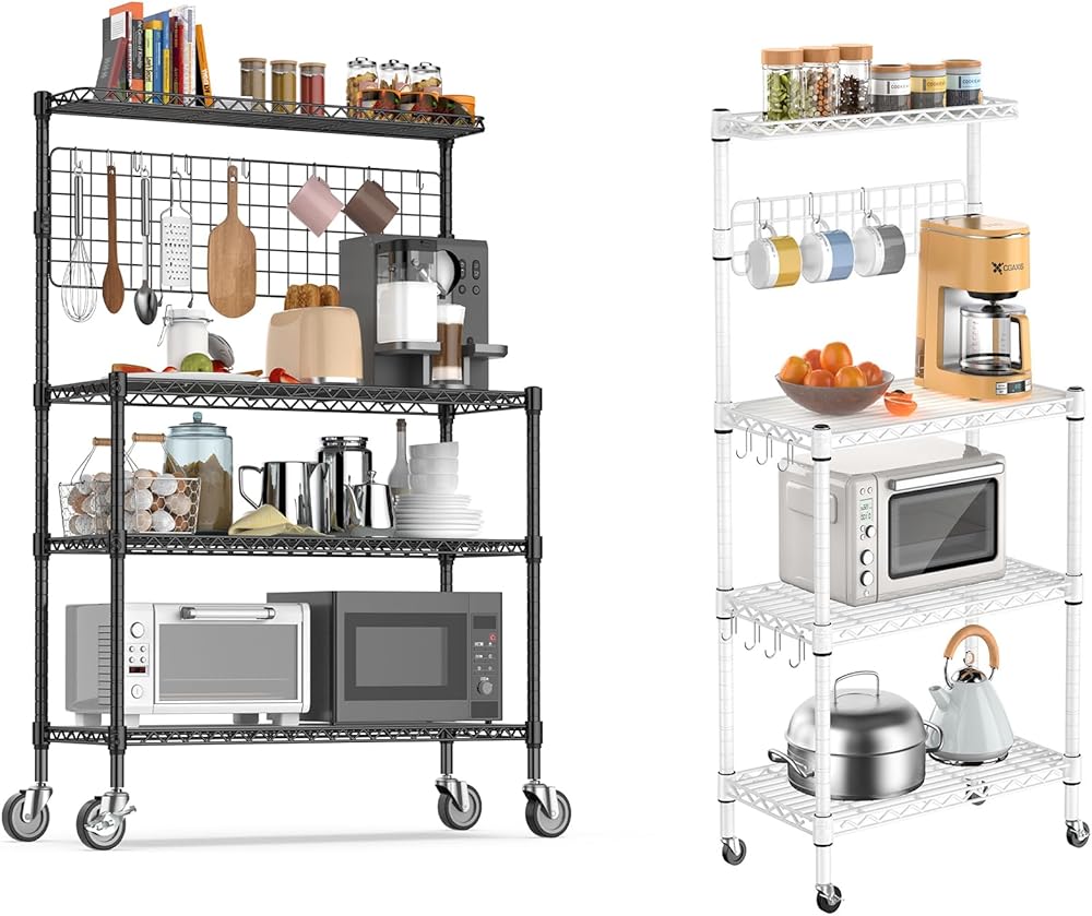 Bakers Rack for Kitchen with Storage, NSF Certified 4-Tier Adjustable Coffee Bar with Wheels Microwave Stand Kitchen Storage Shelf Metal Storage Rack, White & Black