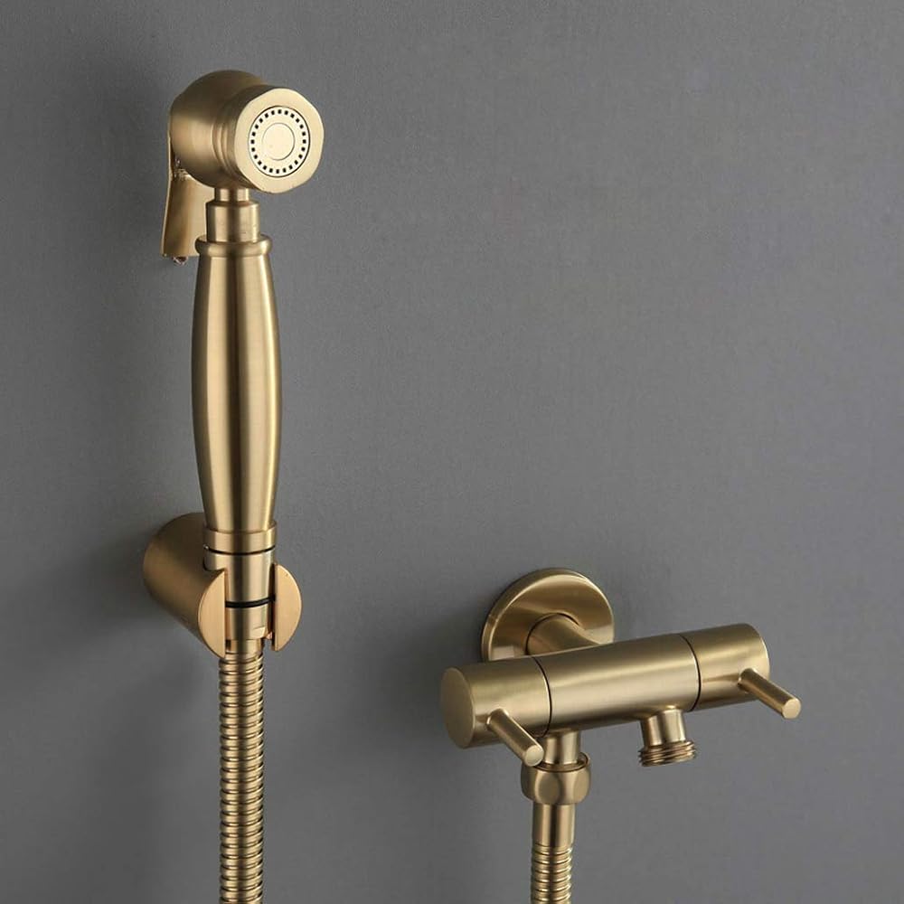 Brushed Gold Brass Hot and Cold Water Bidet Bathroom Hand Shower Bidet Toilet Sprayer Hygienic Shower Wall Mounted Bidet Tap Set,B