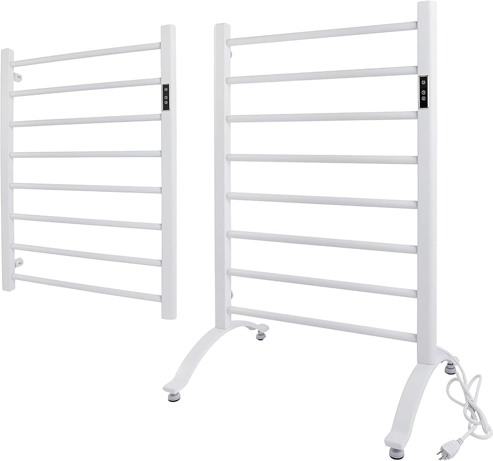 8-Bar Towel Warmer Heater with Timer and Temperature Control, ETL Certified Electric Heated Towel Rack, Freestanding/Wall-Mounted Heated Towel, Hardwired or Plug-in Models, White