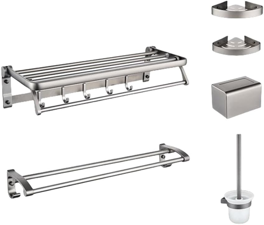 Space Aluminum Towel Rack Black Silver Gray Foldable Shelf Shower Rail Hanger with Hook Toilet Brush Holder Bathroom Accessories,Whole Set Grey