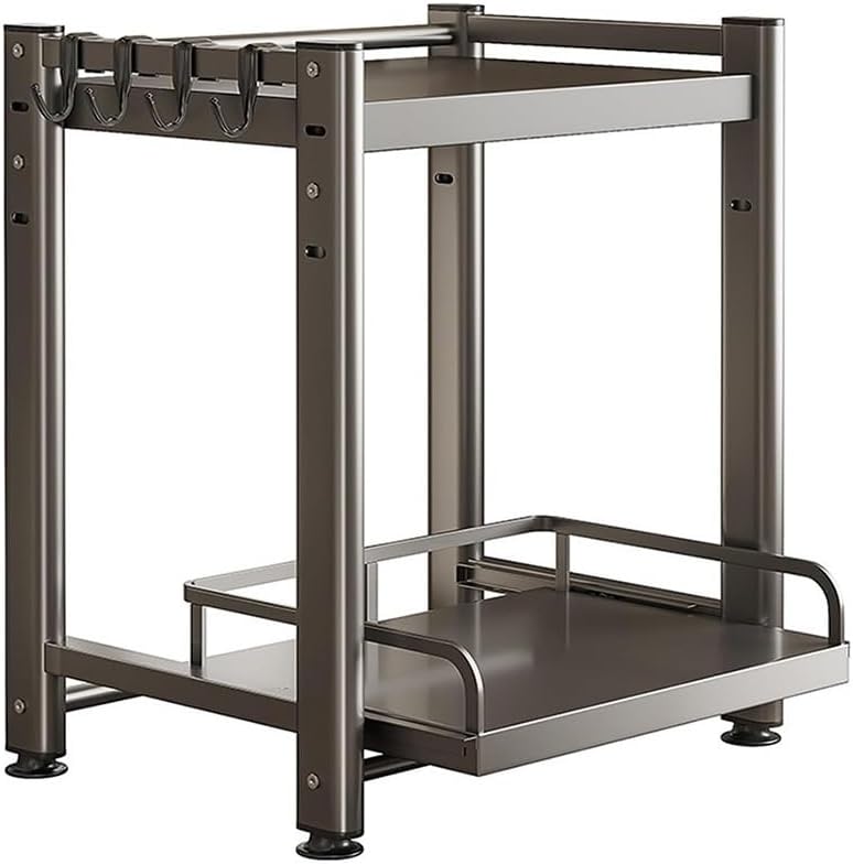 2-Tier Pull Out Microwave Oven Rack with 4 Hooks, Countertop Height Adjustable Microwave Shelf, Kitchen Countertop Organizers Shelf, for Living Room Office Bedroom (Size : 40cm)