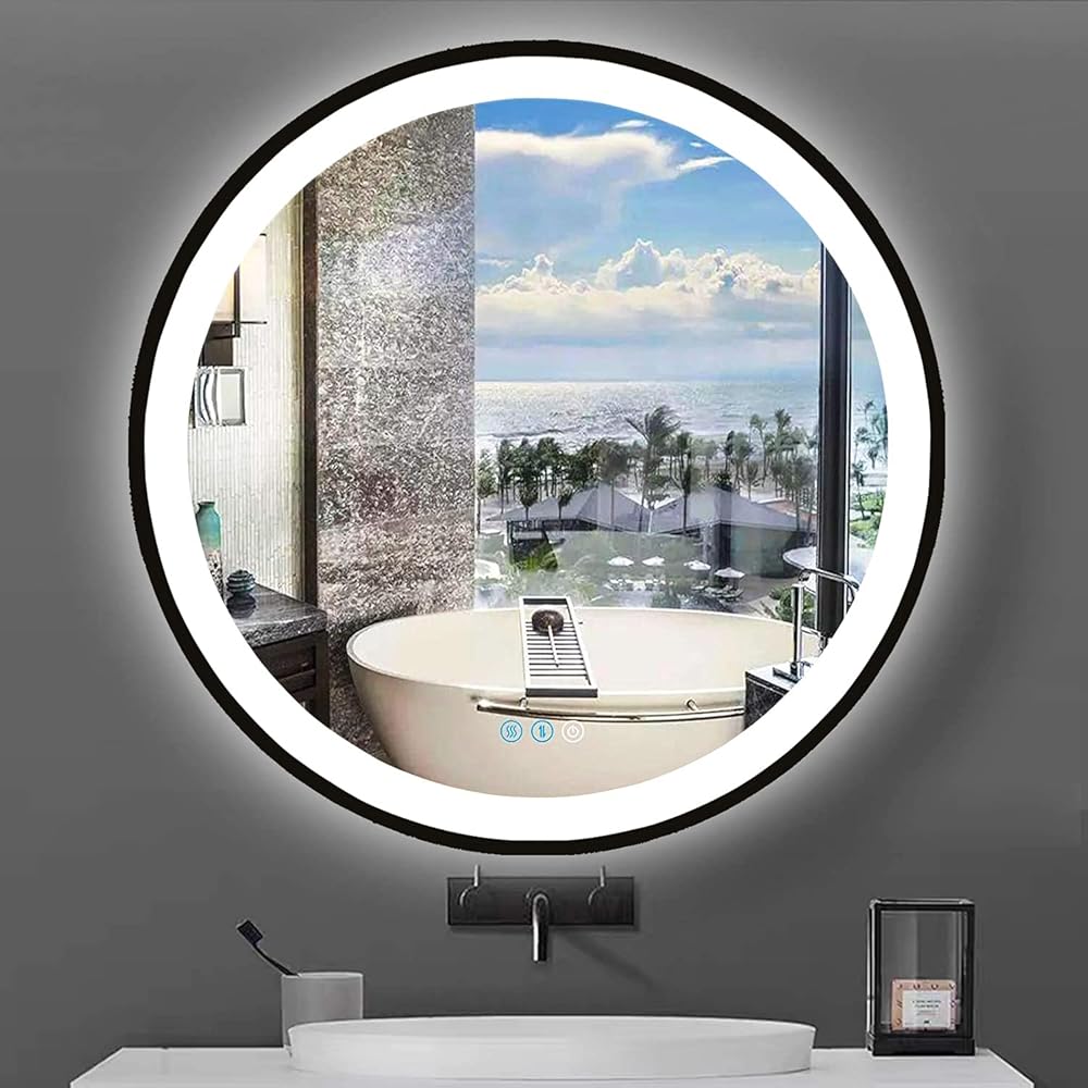 LED Round Lighted Bathroom Mirror with Lights for Bathroom Wall Black Frame Vanity Light Mirrors 24 Inch 3 Color Dimmable Circle Smart Bathroom LED Wall Mirrors Anti Fog Makeup LED Mirrors