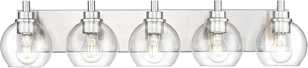 Bathroom Light Fixtures, 5 Light Brushed Nickel Vanity Light, 32 Inch Modern Wall Sconces with Globe Clear Glass Shade, Vanity Lighting Fixtures Over Mirror, VL195-BN-CL-5
