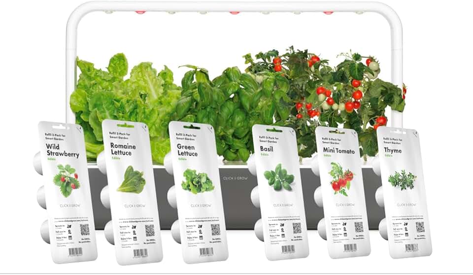 Click and Grow Bundle Smart Garden 9 Gray with 18 Plant Pods: Starter Kit (3 Basil, 3 Lettuce, 3 Mini Tomato) with 3 Wild Strawberry, 3 Thyme and 3 Romaine Lettuce