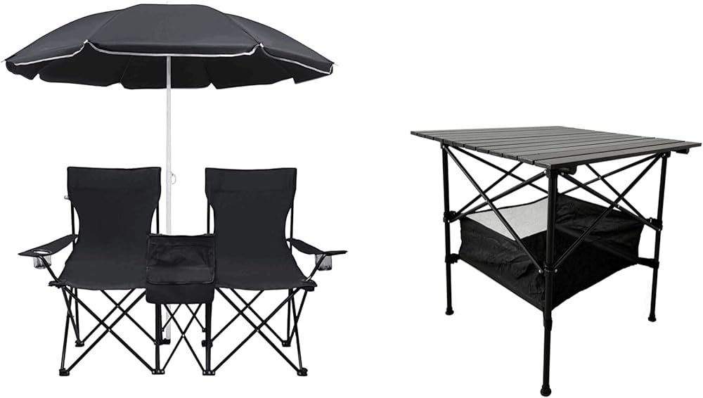 LEADALLWAY Double Camping Chair with Umbrella and Folding Camping Table with Large Storage and Carrying Bags