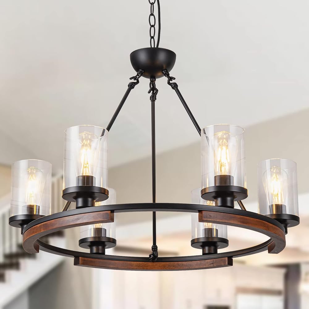 28 Inch Wagon Wheel Chandelier with Glass Shade, 6-Light Round Farmhouse Pendant Light Fixture for Dining Room Kitchen Foyer Entryways, Black Metal and Wood Finish
