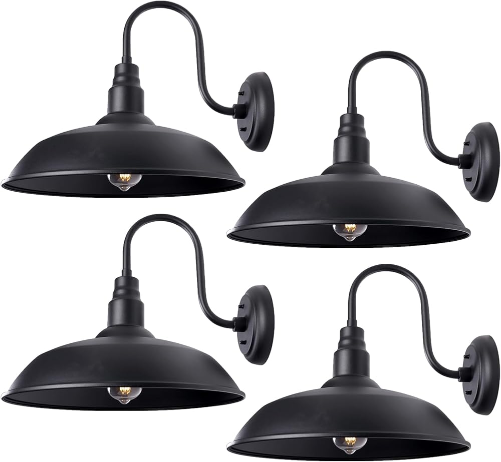 Large Black Gooseneck Barn Light for Farmhouse, 16in Dome Outdoor Wall Lights for Porch, 4 Pack Exterior Lighting Fixture with Goose Neck Arm for Front and Back Porch House Garage Door