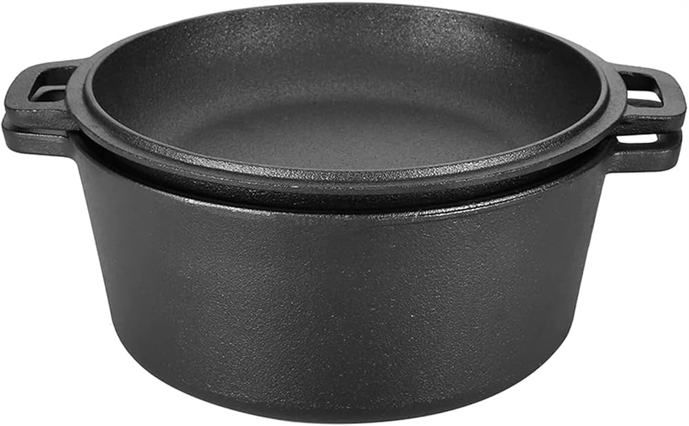 2 in 1 Seasoned Cast Iron Double Dutch Oven Combo Cooker Black