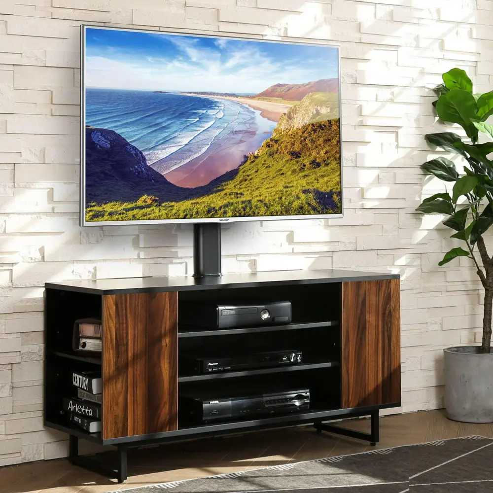 FITUEYES TV Stand with Swivel Mount with Wooden Shelves for TVs up to 70 , Brown/Black