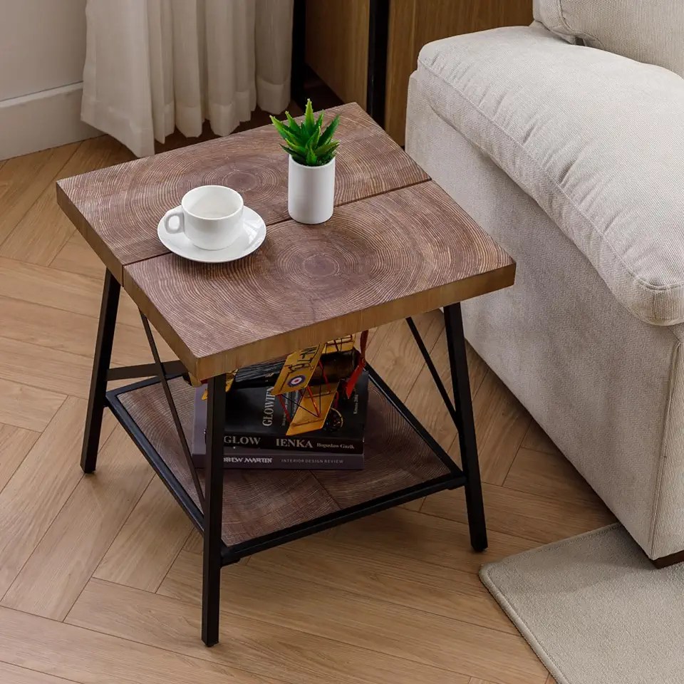Small Side Tables Modern 2-Tier Wood Rustic End Table Metal Storage Shelf Industrial Corner Square Coffee Table Nightstand for Living Room Sofa Bedroom Bedside Farmhouse Office Home Couch