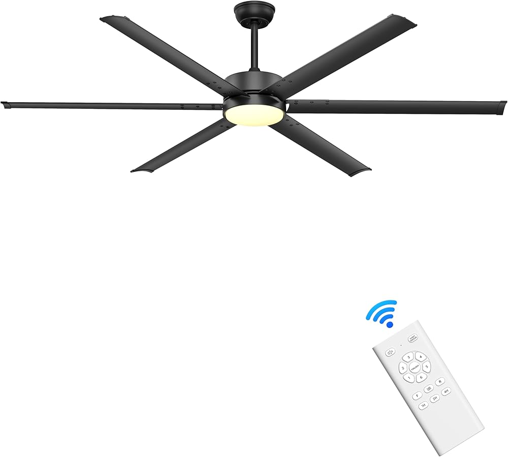 72 Inch Large Industrial Ceiling Fan with Lights Remote Control, Black Big Ceiling Fan with 6 Metal Blades, 6-speed Quiet DC Motor for Outdoor Patios Shop Living Room Garage