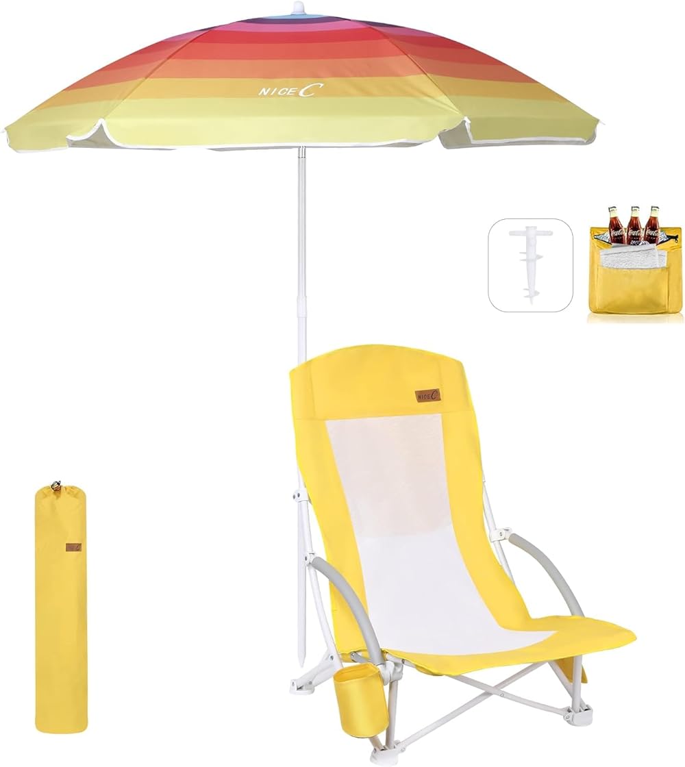 Nice C Camping Chair with Shade Canopy, Portable Camping Chairs (Two Green) Beach Chair, Beach Chairs for Adults with Umbrella and Cooler, High Back (One Yellow)