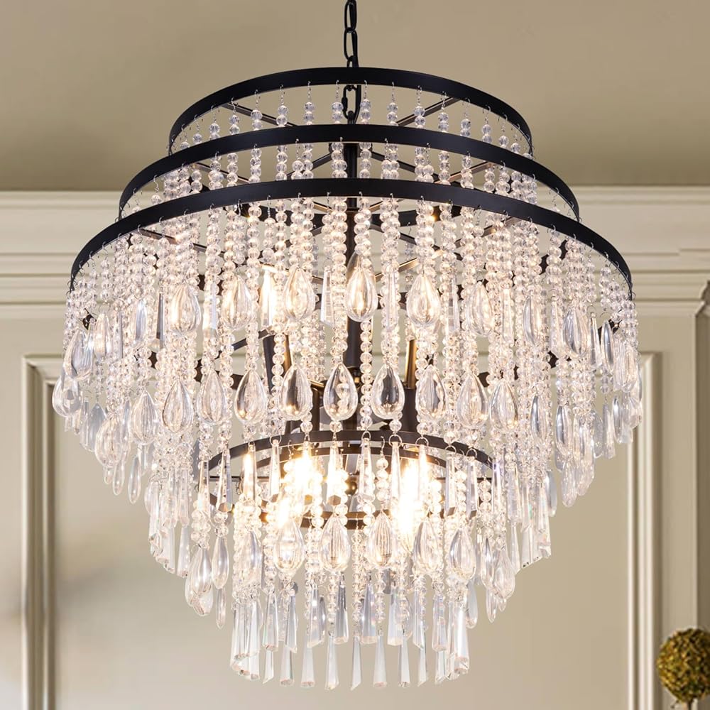 Wellmet Black Crystal Chandelier, 8-Light Luxury Crystal Chandelier, Mediterranean Pendant Light for Dining Room, Bedroom, Living Room, Kitchen, Foyer, Hallway, Entryway 24''D
