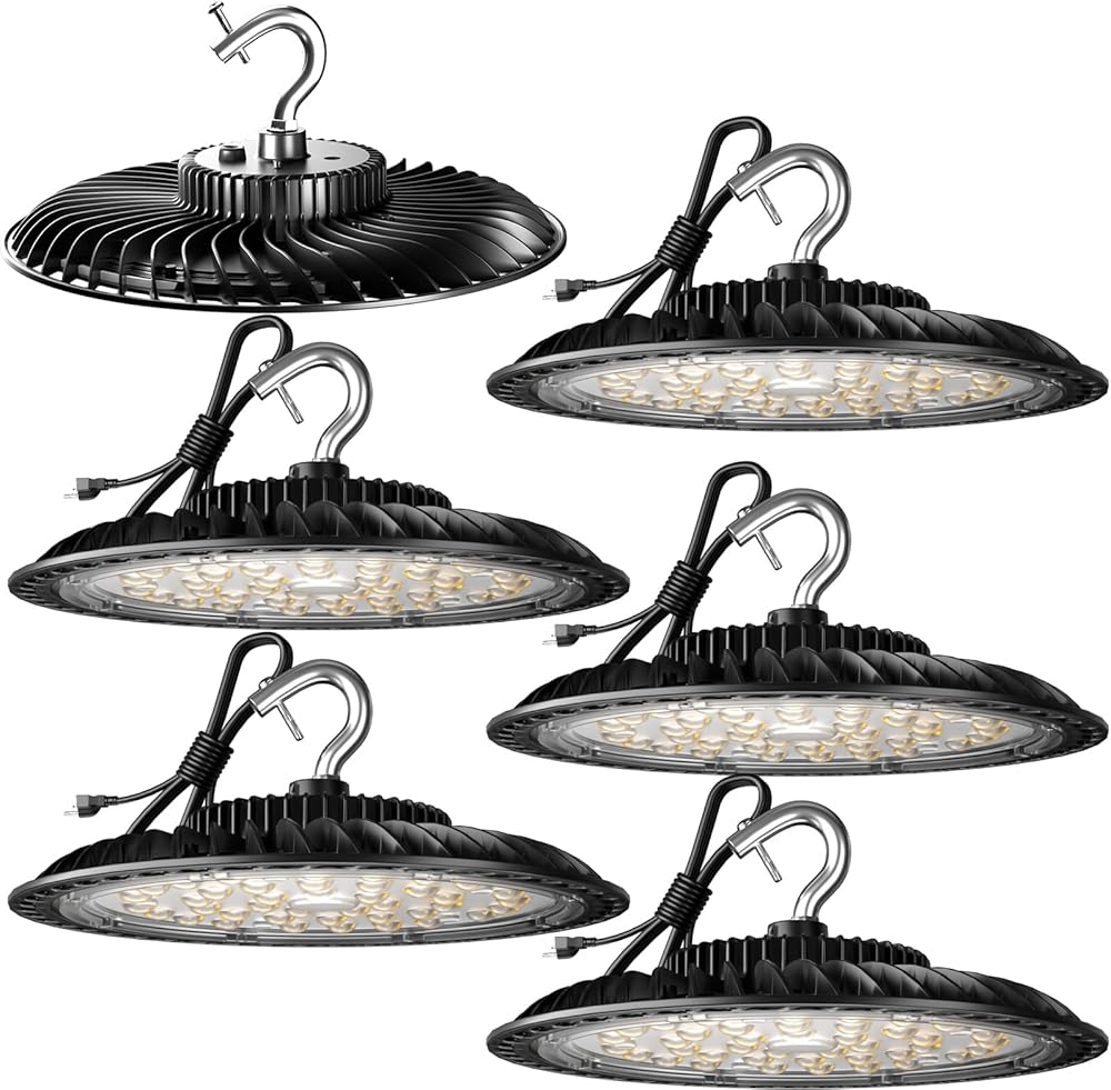 250W High Bay LED Light 37500lm Commercial Bay Lighting 𝐀𝐂𝟏𝟎𝟎-𝟐𝟕𝟕𝐕 (𝐃𝐫𝐢𝐯𝐞𝐫 𝐄𝐪𝐮𝐢𝐩𝐩𝐞𝐝, 𝟓𝐘𝐫𝐬 𝐖𝐚𝐫𝐫𝐚𝐧𝐭𝐲) UFO LED High Bay Shop Light -6Pack