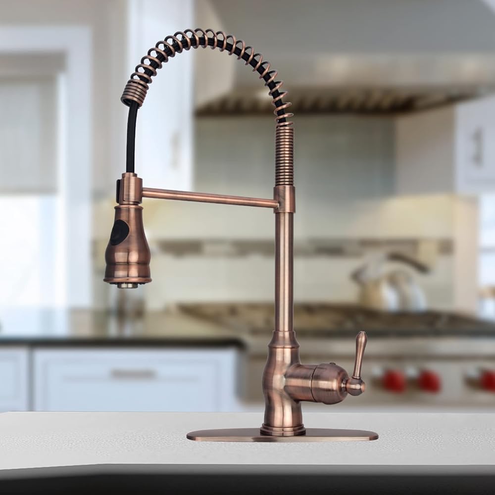 Akicon Antique Copper Pre-Rinse Spring Kitchen Faucet, Single Level Solid Brass Kitchen Sink Faucets with Pull Down Sprayer