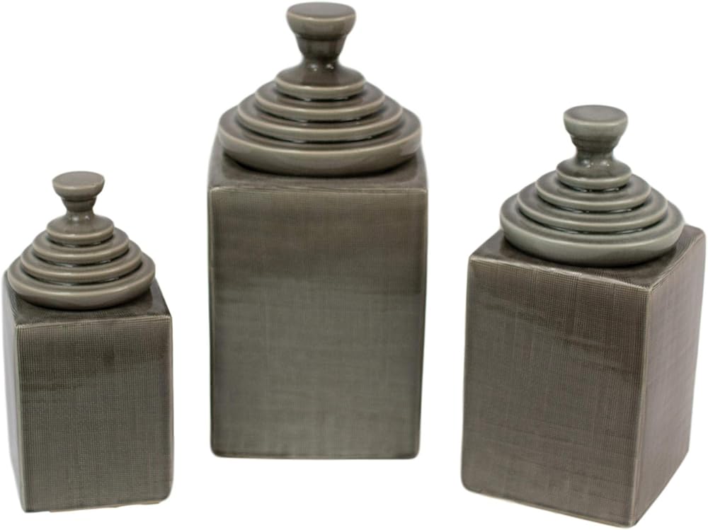 MY SWANKY HOME Mid Century Modern Textured Gray Set Three Ceramic Decorative Canisters Pyramid