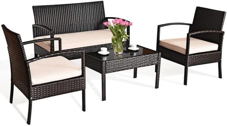 Patio Furniture Sets Clearance Conversation 4 Piece Waterproof Outdoors Wicker (Beige)