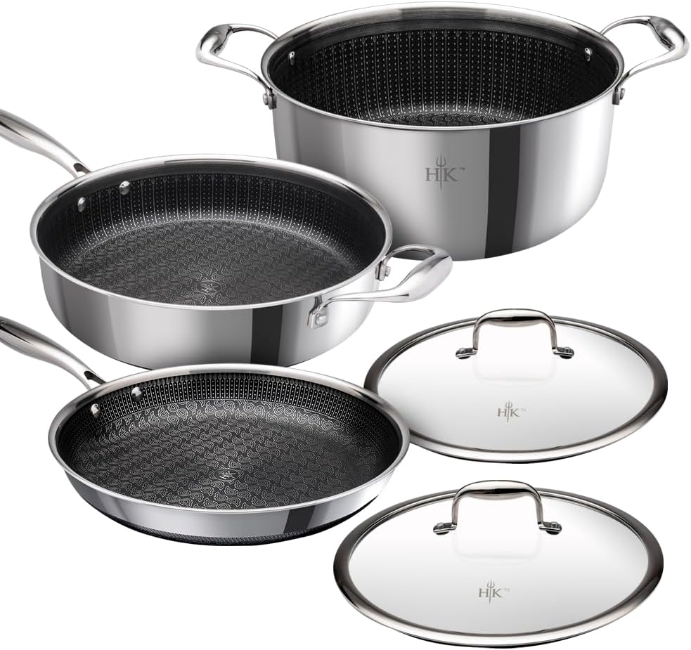 Hell’s Kitchen PFAS-Free Ceramic Hybrid 5 Piece Cookware Set, 11 In Fry Pan, 4 Qt Sauté Pan, 7.5 Qt Pot, 2 Tempered Glass Lids, Nonstick, Scratch-Resistant, Dishwasher Safe, Multi-Cooktop Oven-Safe