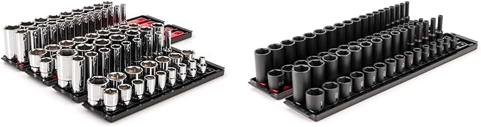 TEKTON 78-Piece 1/2-Inch & 68-Piece 3/8-Inch Drive 6-Point Socket Sets with Rails | 3/8-1-5/16 in., 1/4-1 in., 6-32 mm