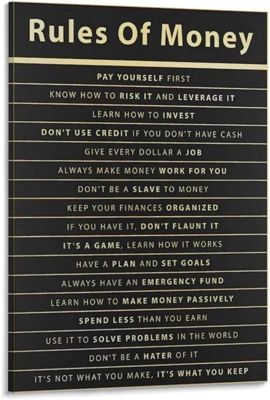 GHWILQGX Money Rules Metal Tin Sign Motivational Wall Art Poster Wall Poster Art Canvas Printing Gift Office Bedroom Aesthetic Poster 24x36inch(60x90cm) Frame-style