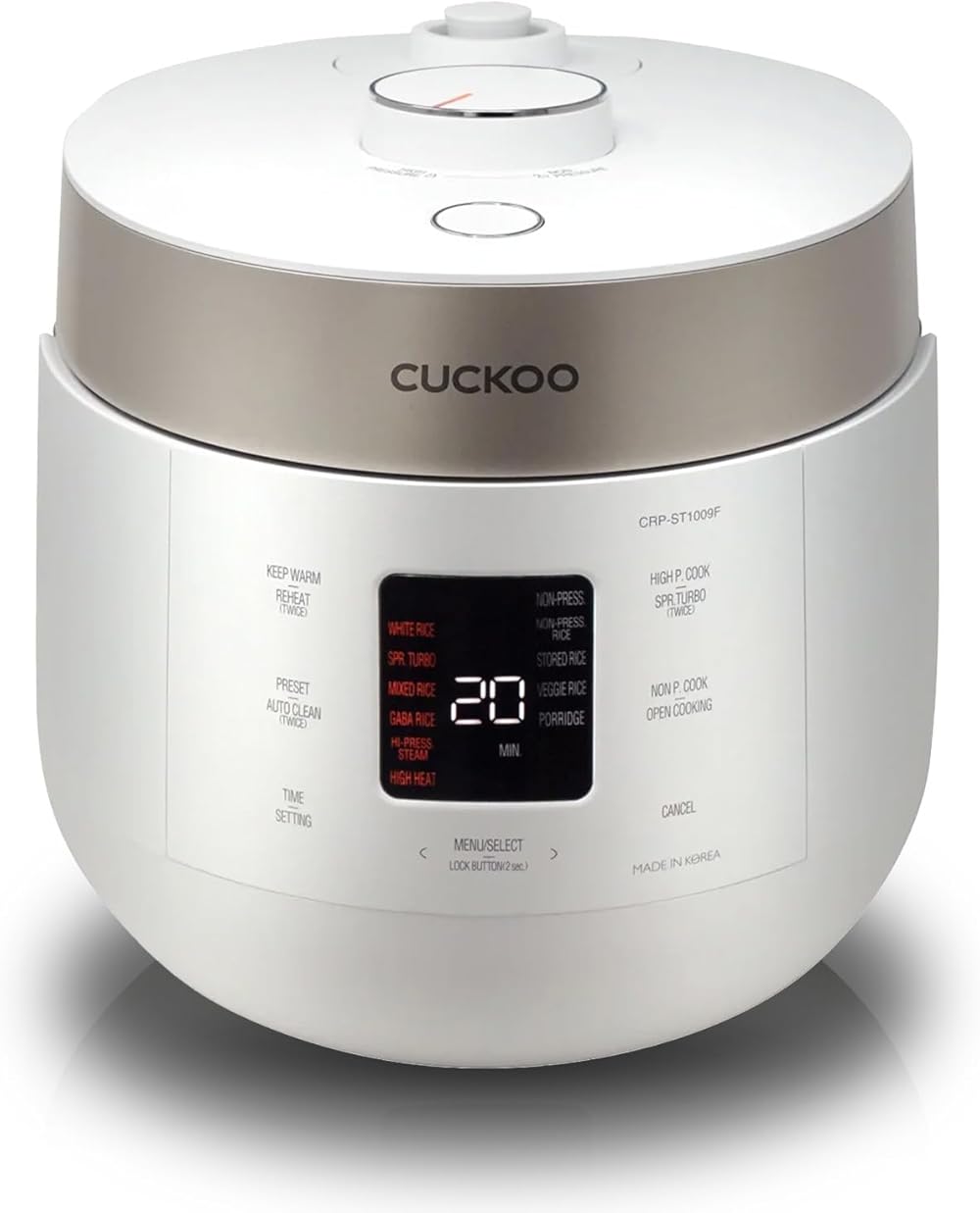 CUCKOO HP Twin Pressure Rice Cooker 16 Menu Options: White, GABA, Veggie, Porridge, & More, Fuzzy Logic Tech, Energy Saving, 10 Cups / 2.5 Qts. (Uncooked) CRP-ST1009F White, Stainless Steel Feature