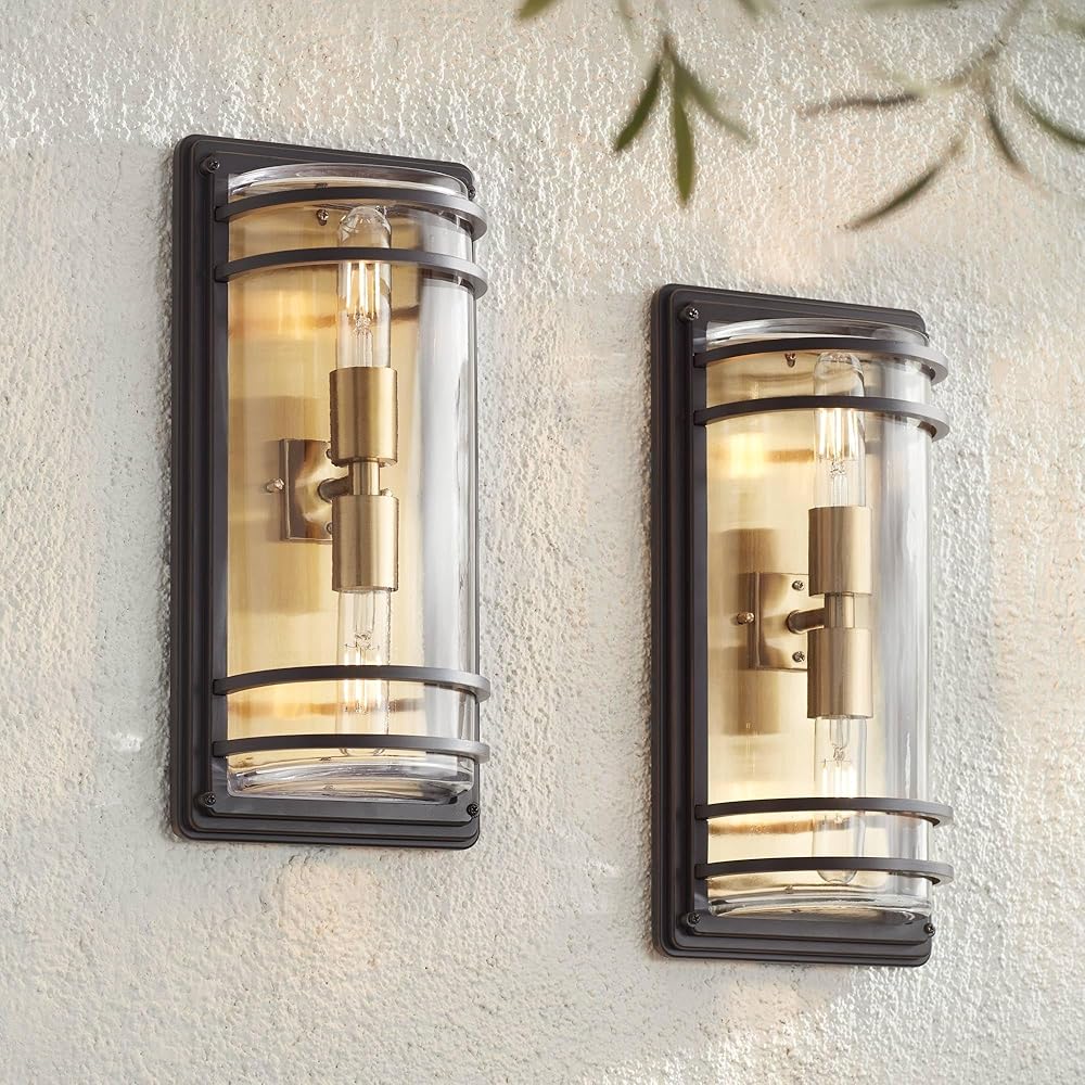 John Timberland Habitat Modern Industrial Outdoor Wall Light Fixtures Set of 2 Bronze Warm Brass 16