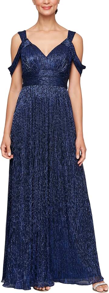 Alex Evenings Women's Plus Size Long Cold Shoulder Dress with Ruched Skirt