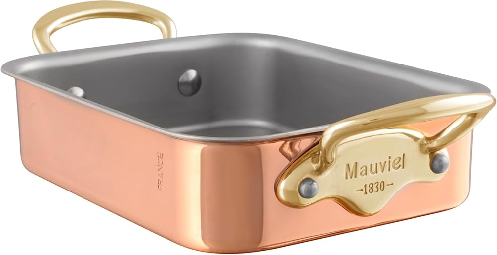Mauviel M'Minis Polished Copper & Stainless Steel Rectangular Roasting Pan, Brass Handles, 7 x 5-in, Made in France