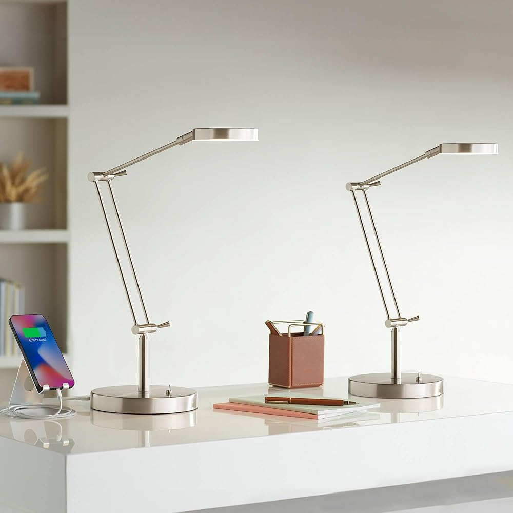 360 Lighting Xenos Satin Nickel Adjustable LED USB Desk Lamps Set of 2