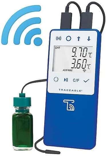 Traceable Wi-Fi Data Logging Refrigerator/Freezer Thermometer Compatible with TraceableLIVE Cloud Service; 1 Bottle and 1 Bullet Probe
