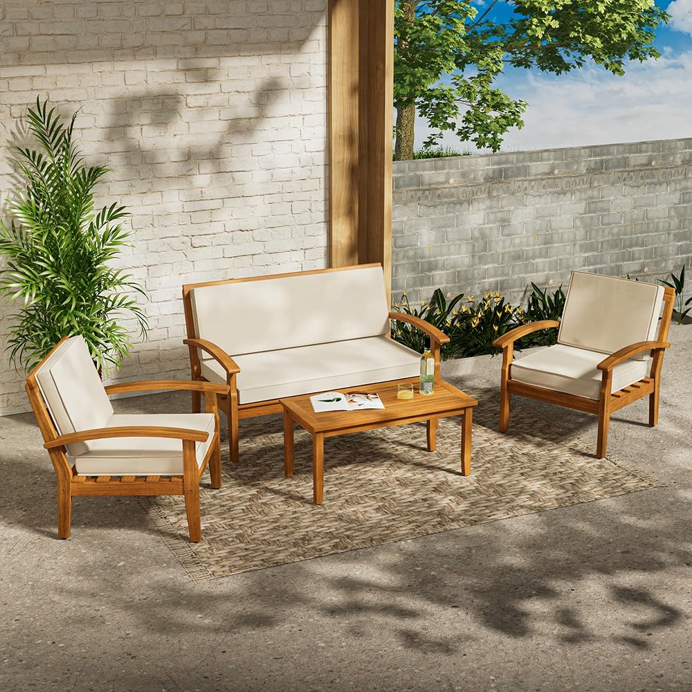 Patio Furniture Set Includes Laurent 800lbs Capacity Acacia Outdoor Loveseat with Wood Coffee Table + Laurent 500lbs Capacity Acacia Outdoor Club Chairs Set of 2