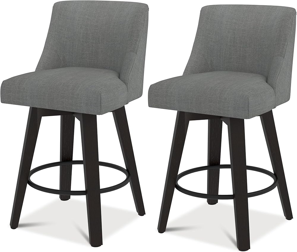 Counter Height Bar Stools Set of 2, Modern Upholstered Swivel Bar Stools with Back and Solid Wood Legs for Kitchen Island, 26 Inch Seat Height, Fabric in Grey