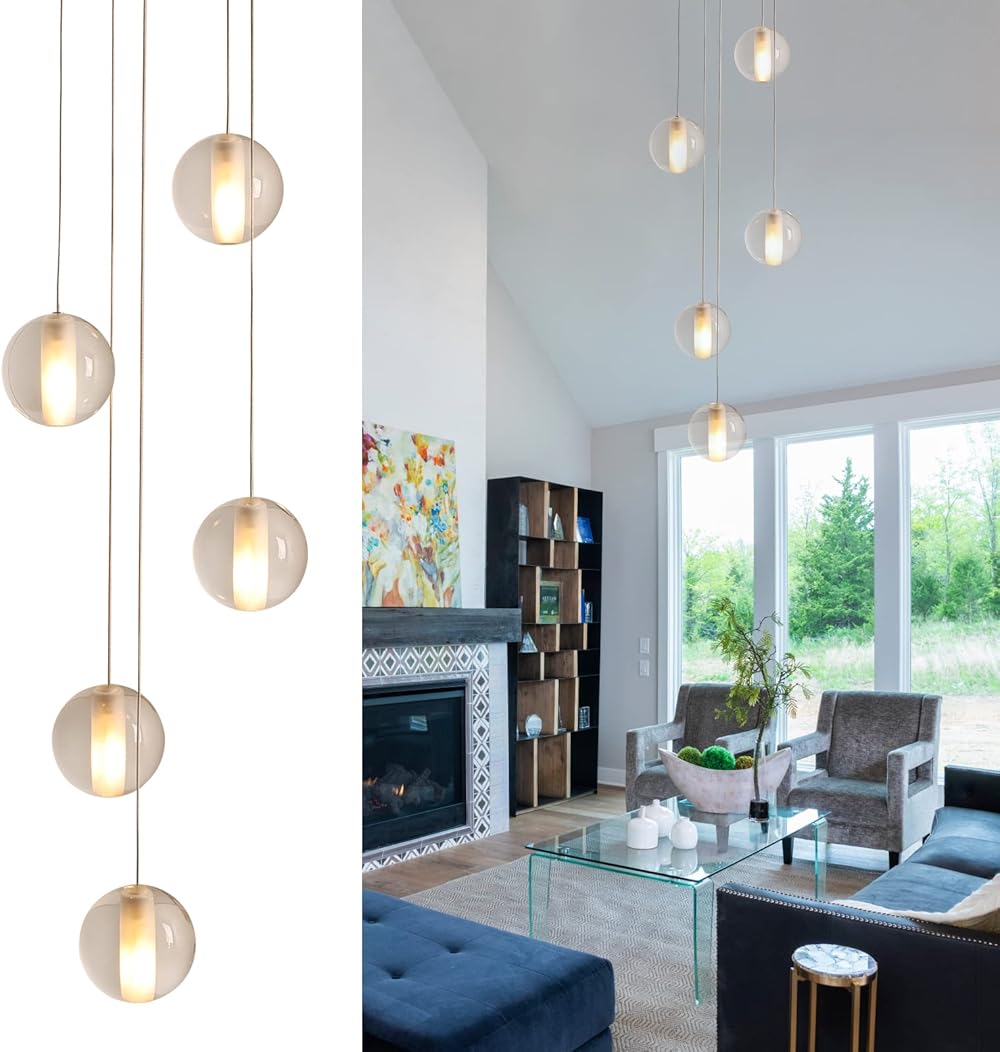 Modern 5-Lights Crystal LED Chandelier Raindrop Shape High Ceiling Pendant Light Crystal Ball Hanging Lighting for Living Room Staircase Entryway Dining Room, Nickel Canopy H59