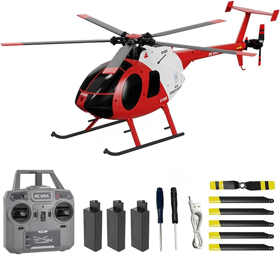 C189 Remote Control Helicopter, 2.4G 6CH UAV 1:28 Brushless Motor RC Helicopter Single Blade Flybarless Remote Helicopter RTF with Optical Flow Localization 3 Battery - Red