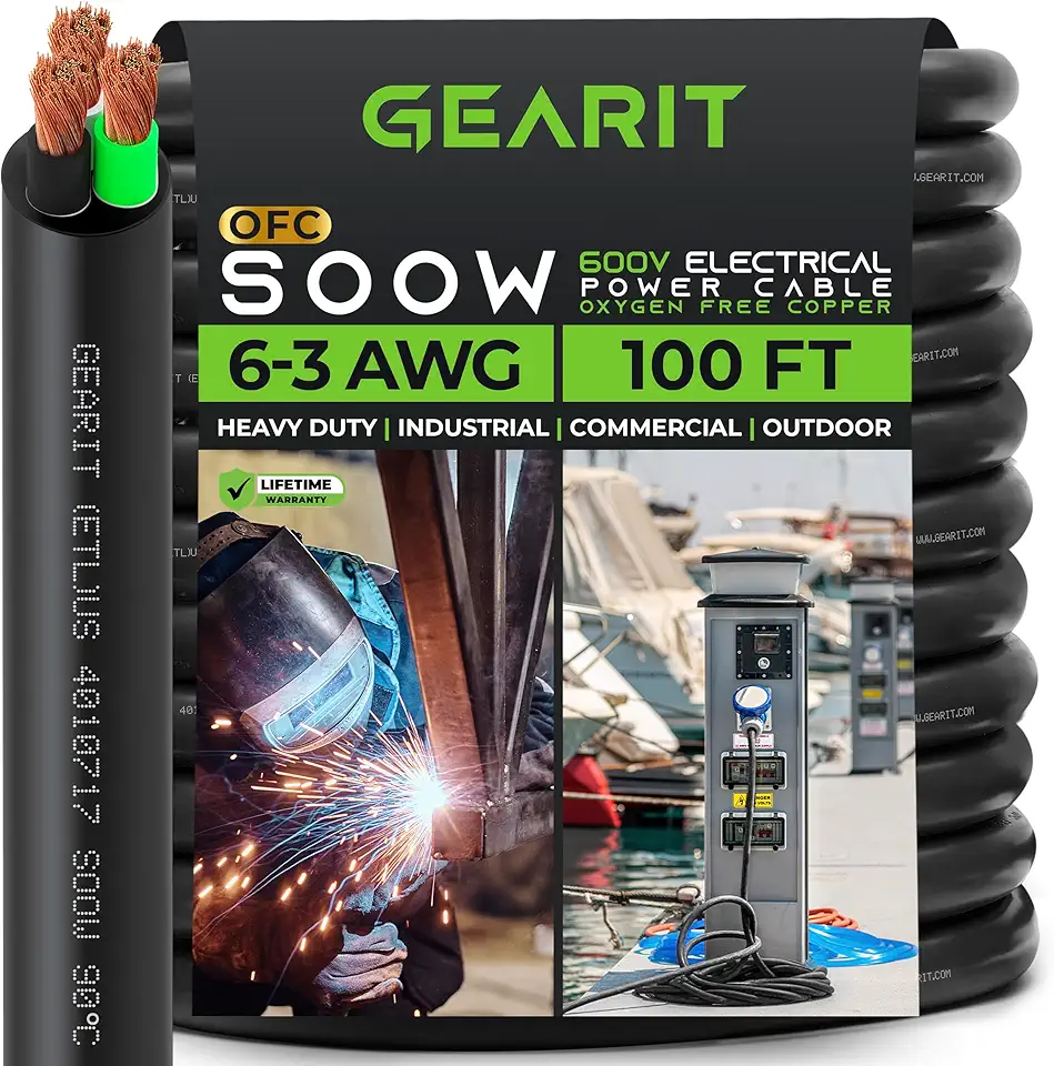 GearIT 6/3 6 AWG Portable Power Cable (100 Feet - 3 Conductor) SOOW 600V 6 Gauge Electric Wire for Motor Leads, Portable Lights, Battery Chargers, Stage Lights and Machinery -100ft Electrical Cord
