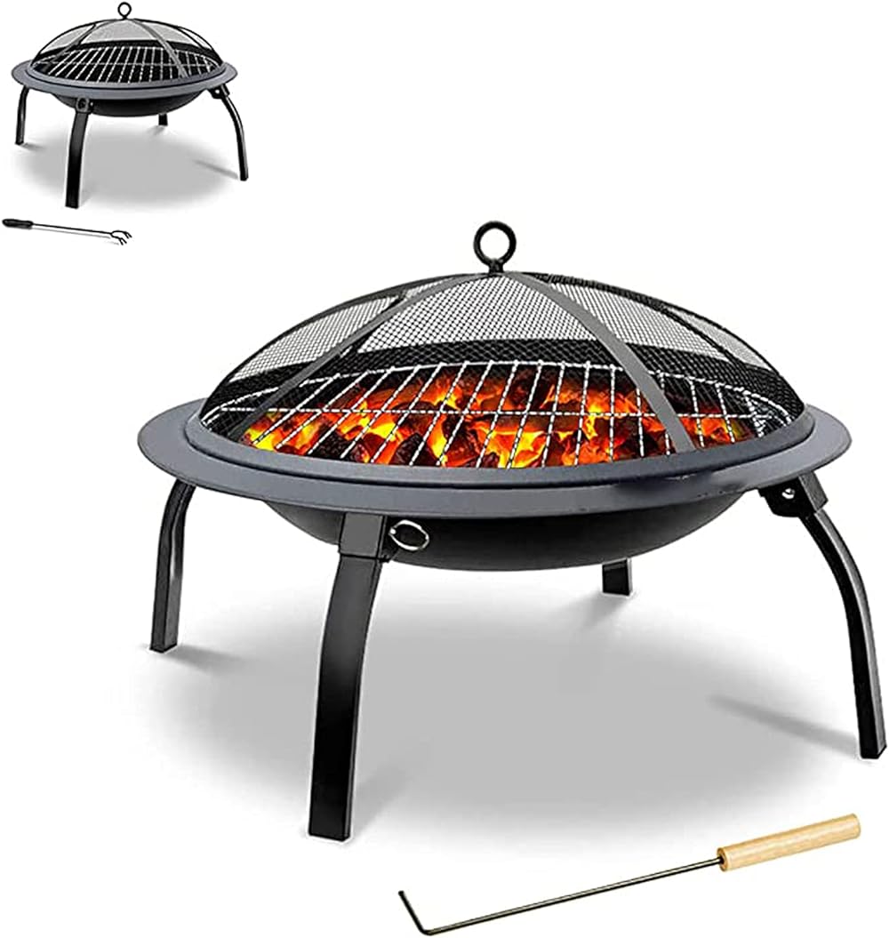 NaoSIn-Ni Outdoor Steel Fire Pit, Folding Fire Bowl, 4 Legs Round Picnic Firebowl, with Spark Screen, Fireplace Poker, Backyard Wood Burning Firepit