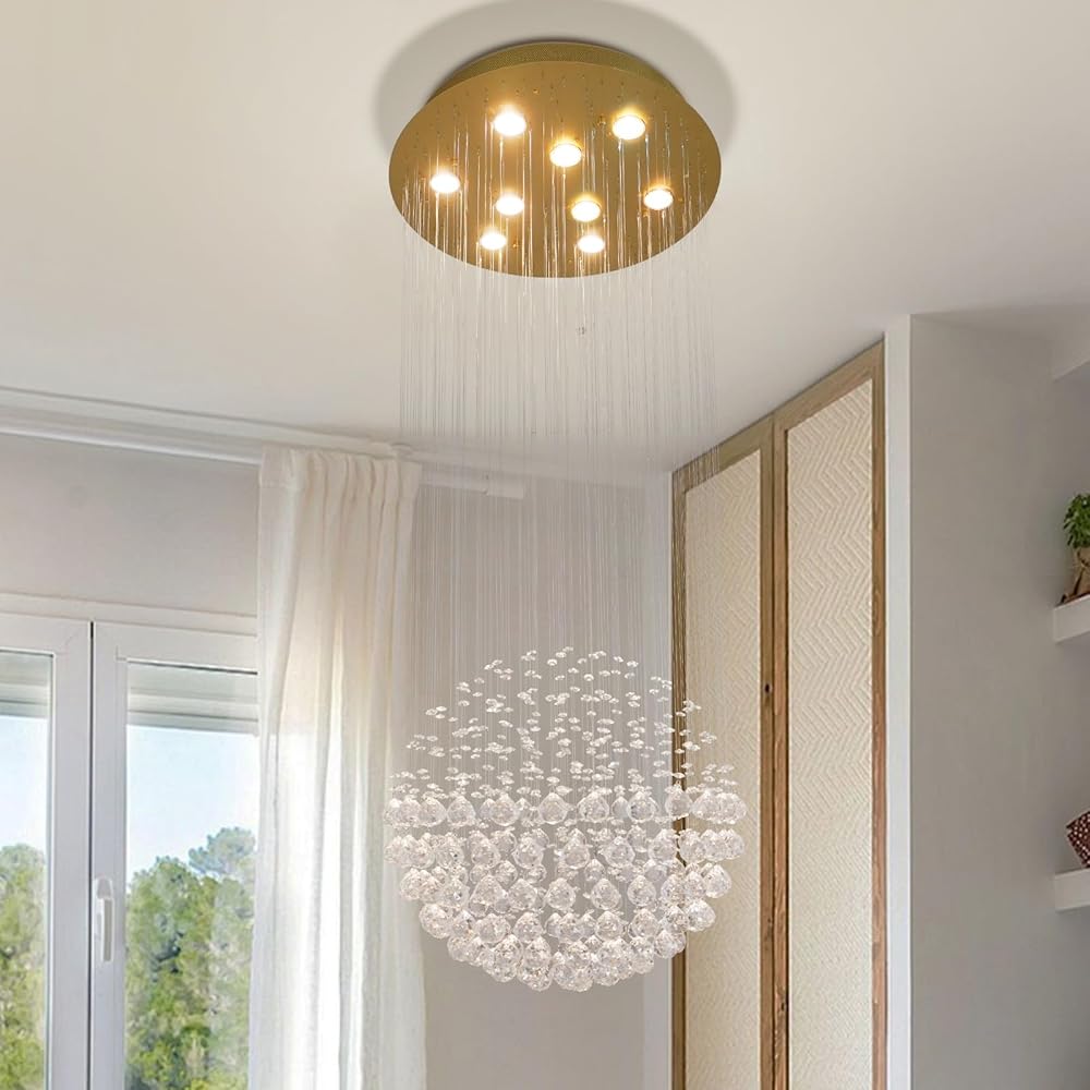 Modern Crystal Raindrop Chandelier, 9-Lights Rain Drop Ball Ceiling Lighting Fixture, Gold Flush Mount Ceiling Fixtures Pendant Lamp Chandeliers for Dining, Living Room, Bathroom, Foyer